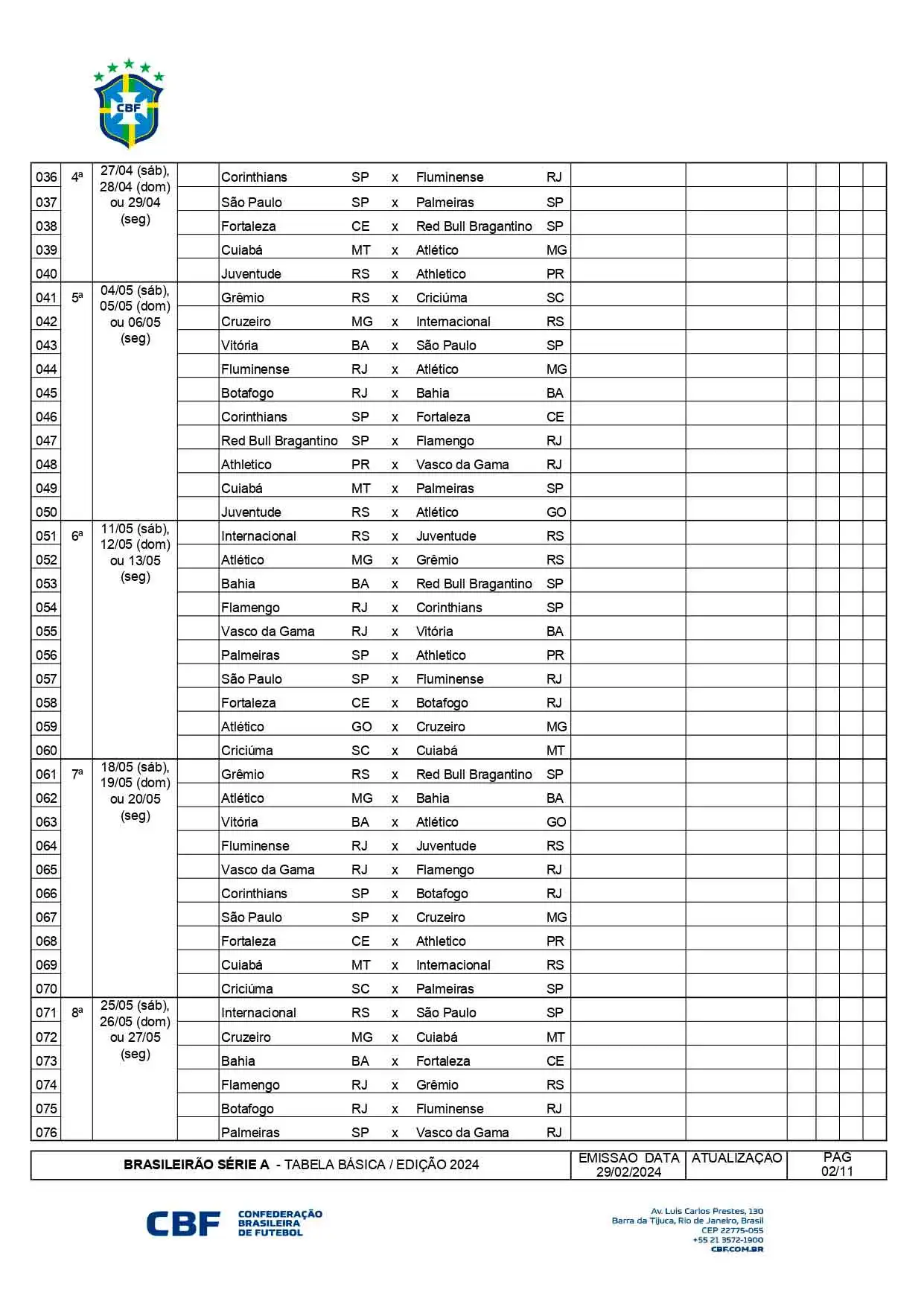 Calendário Brasileirão Série A 2024: CBF Anuncia Tabela Completa Calendário Brasileirão Série A 2024: CBF Anuncia Tabela Completa