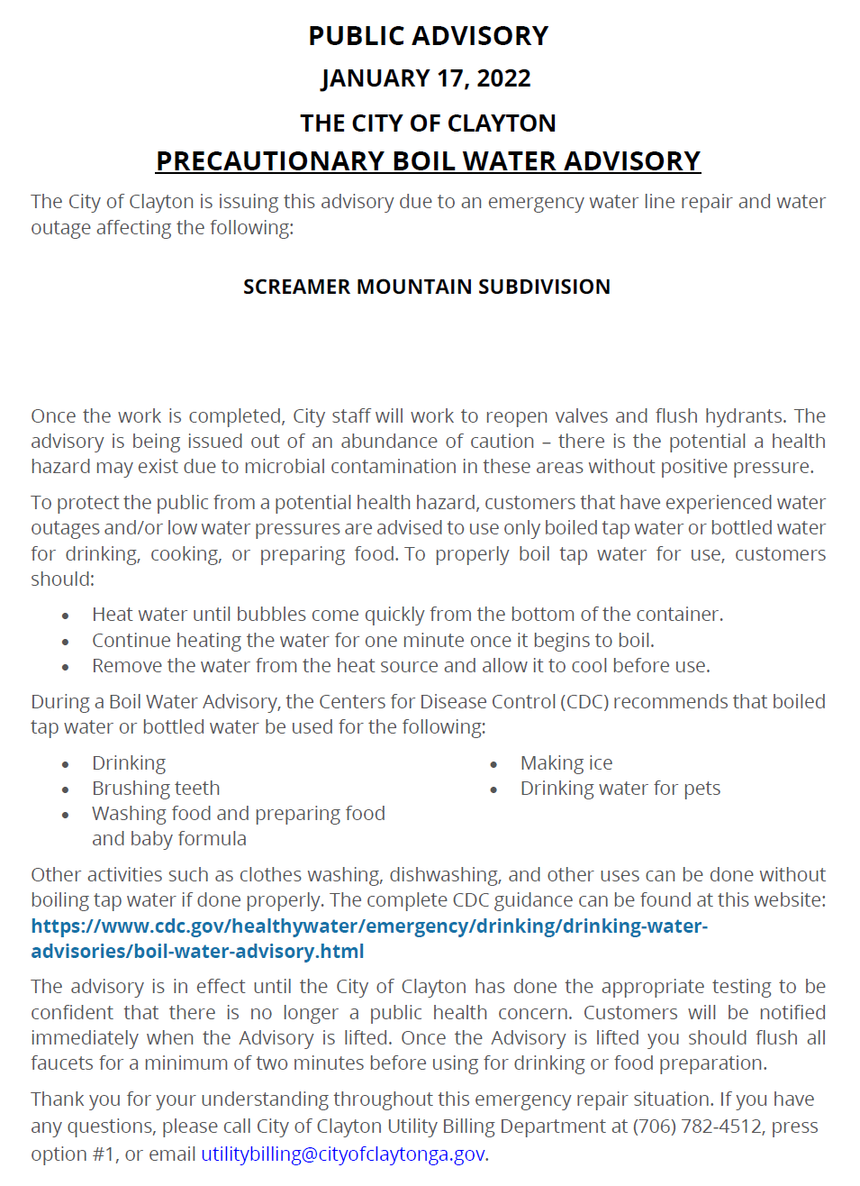 City Of Robinson, Brown County Under Boil Water Advisory City Of Robinson, Brown County Under Boil Water Advisory