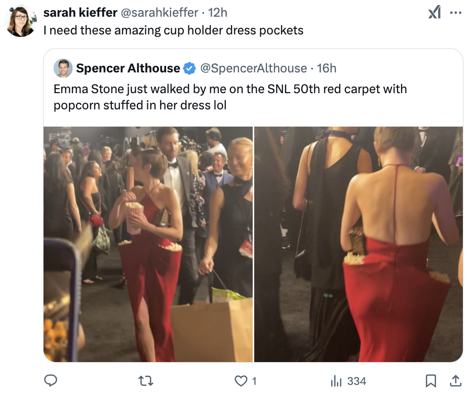 Emma Stone's Popcorn Dress: A Look Back At The SNL 50th Anniversary Emma Stone's Popcorn Dress: A Look Back At The SNL 50th Anniversary