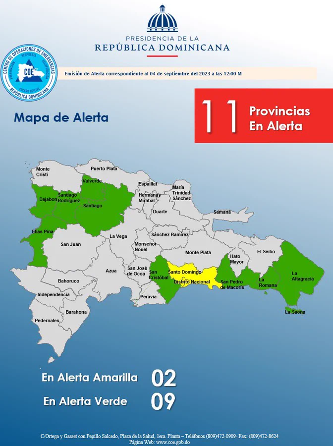 Provincias En Alerta: 9 En Amarillo, 5 En Verde Según Reporte Del COE Provincias En Alerta: 9 En Amarillo, 5 En Verde Según Reporte Del COE